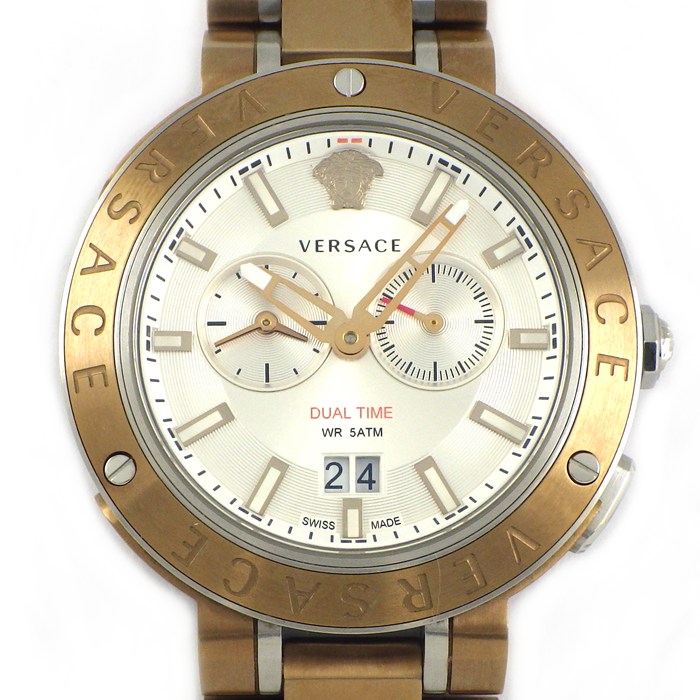 ヴェルサーチェ VERSACE 腕時計 Vエクストリーム プロ VCN050017 デイト スモールセコンド デュアルタイム表示 サンレイ シルバー文字盤 SS クオーツアナログ 【中古】