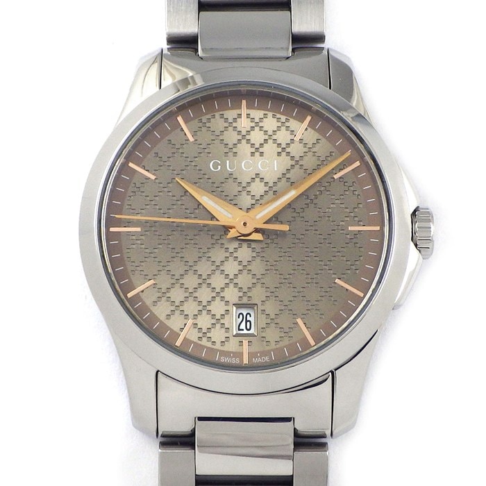 グッチ GUCCI 腕時計 Gタイムレス 126.5/YA126594 サンレイ ディアマンテ ブラウン文字盤 デイト SS クオーツアナログ 【中古】