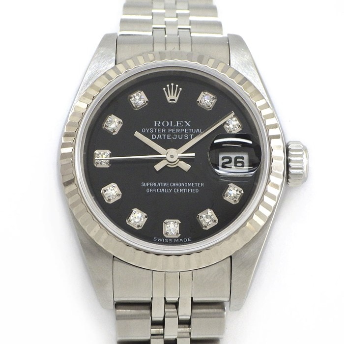 ロレックス Rolex 腕時計 デイトジャスト 79174G F番 2003年-2004年製 10ポイント ダイヤインデックス ブラック文字盤 フルーテッドベゼル ジュビリーブレス K18WG SS 自動巻き 【中古】