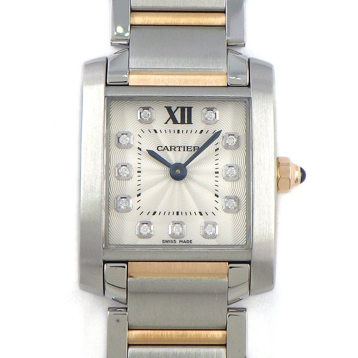 カルティエ Cartier 腕時計 タンク フランセーズ SM WE110004 11ポイント ダイヤインデックス スクエア ギョーシェ シルバー文字盤 K18PG SS クオーツアナログ 【中古】