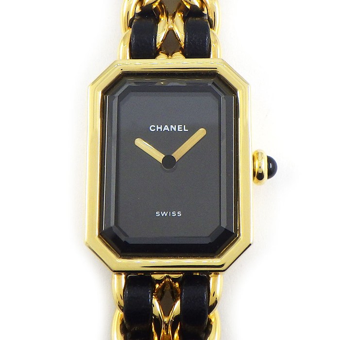 シャネル CHANEL 腕時計 プルミエールM H0001 オクタゴナル ブラック文字盤 チェーンブレス GP ブラック レザーベルト クオーツアナログ 【中古】