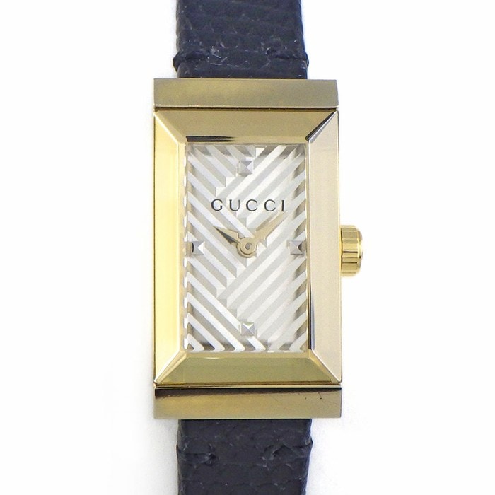 グッチ GUCCI 腕時計 Gフレーム 147.5/YA147507 レクタンギュラー シルバー文字盤 GP SS ブラック リザード レザーベルト クオーツアナログ 【中古】