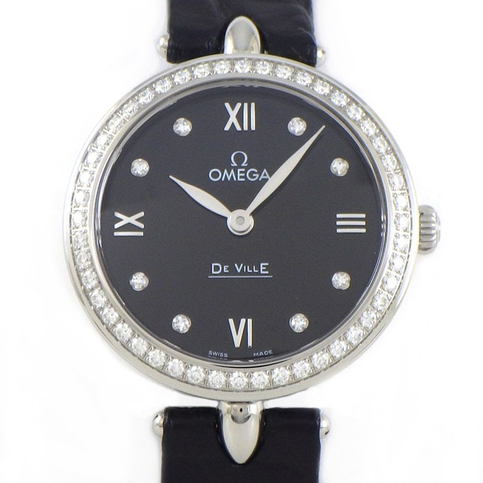 オメガ OMEGA 腕時計 デ・ヴィル プレステージ デュードロップ 424.18.27.60.51.001 ダイヤベゼル 8ポイント ダイヤインデックス ブラック 文字盤 SS ブラック アリゲーターレザーベルト クオーツアナログ 【箱・保付き】 【中古】