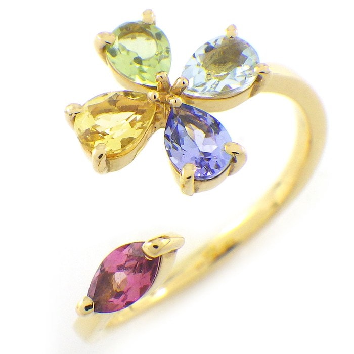 アーカー AHKAH リング フォリアージュフラワー AK1961010200 イエロー ベリル アクアマリン タンザナイト ペリドット ピンクトルマリン K18YG 9.5号 【箱・保付き】 【中古】