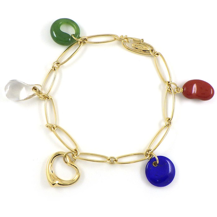 ティファニー Tiffany & Co. ブレスレット オープンハート ビーンズ ティアドロップ ラウンド エターナルサークル 5モチーフ オーバルリンクチェーン ラピスラズリ フライト ロッククリスタル レッド ジャスパー K18YG 【中古】