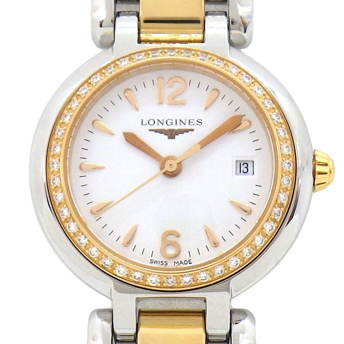 ロンジン Longines 腕時計 プリマルナ L8.110.5.19.6 ダイヤベゼル デイト ホワイト文字盤 K18PG SS クオーツアナログ 【箱・保付き】 【中古】