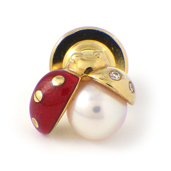 【パール ダイヤモンド】 ピンブローチ てんとう虫 パール 7mm珠 ダイヤモンド 計0.02ct K18YG エナメル 【中古】