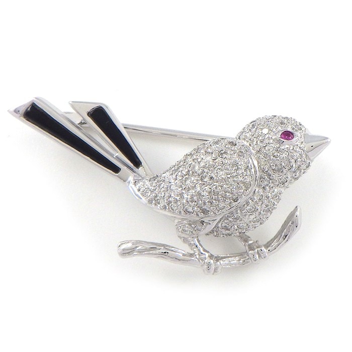 【ルビー ダイヤモンド】 ブローチ バードモチーフ 1ポイント ルビー 0.01ct パヴェ ダイヤモンド 計0.46ct オニキス K18WG 【中古】