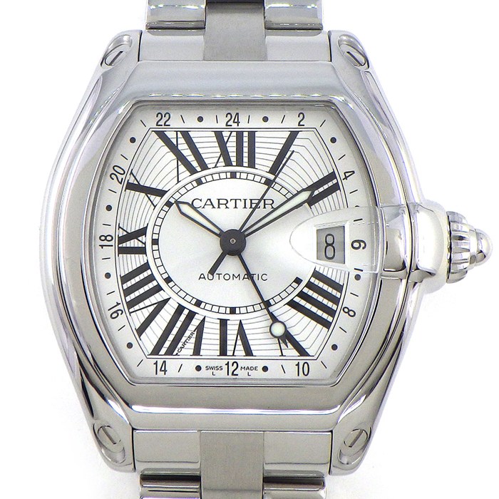 カルティエ Cartier 腕時計 ロードスター GMT XL W62032X6 デイト 夜光針 トノー シルバー文字盤 SS 自動巻き 【中古】