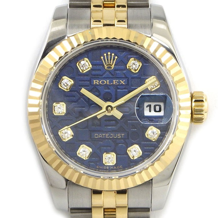 ロレックス Rolex 腕時計 デイトジャスト 179173G ランダムシリアル ルーレット刻印 10ポイント ダイヤインデックス ブルー コンピューター文字盤 彫コン ホリコン デイト K18YG SS 自動巻き 【OH済み】 【中古】
