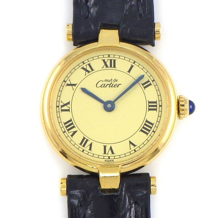 カルティエ Cartier 腕時計 マスト ヴァンドーム 590004 ヴェルメイユ アイボリー文字盤 GP SV925 ブラック レザーベルト クオーツアナログ