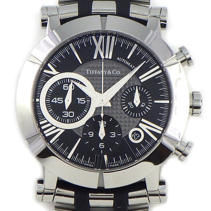 ティファニー Tiffany & Co. 腕時計 アトラス ジェント Z1000.82.12A10A00A ギョーシェ グレー/ブラック文字盤 ローマンインデックス デイト クロノグラフ 裏スケ SS ラバーベルト 自動巻き 【中古】