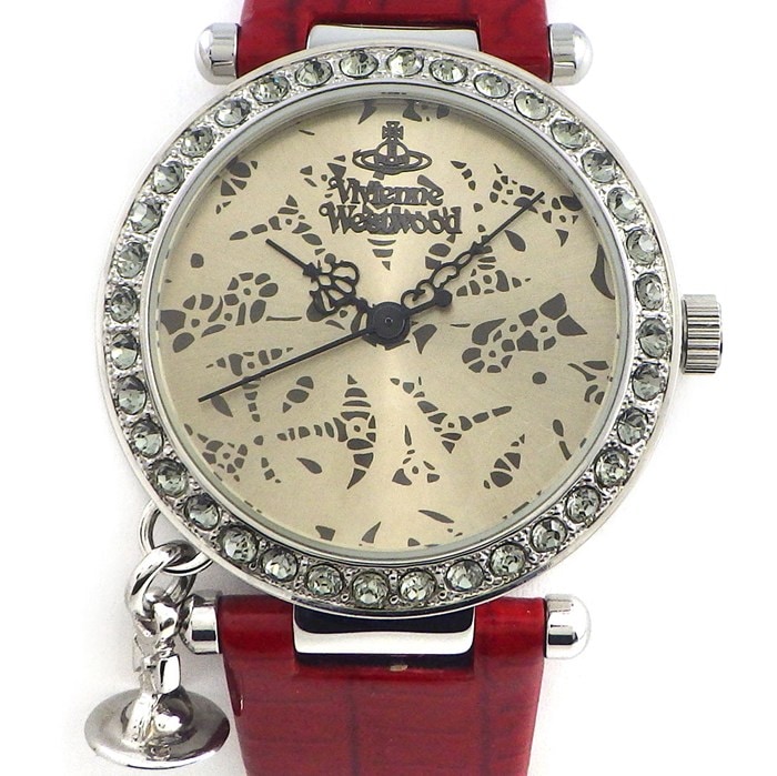 ヴィヴィアン・ウエストウッド Vivienne Westwood 腕時計 VV006SLRD オーブチャーム クリスタルベゼル サンレイ ゴールド文字盤 SS レッド エナメル リザード レザーベルト クオーツアナログ 【中古】