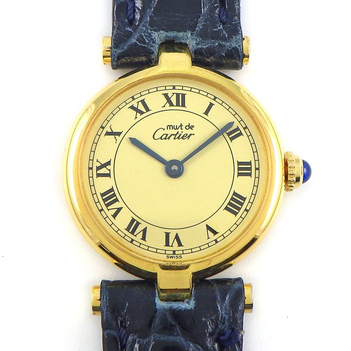カルティエ Cartier 腕時計 マスト ヴァンドーム SM W1002254 アイボリー文字盤 GP SV925 ダークブルー クロコダイル レザーベルト クオーツアナログ 【中古】