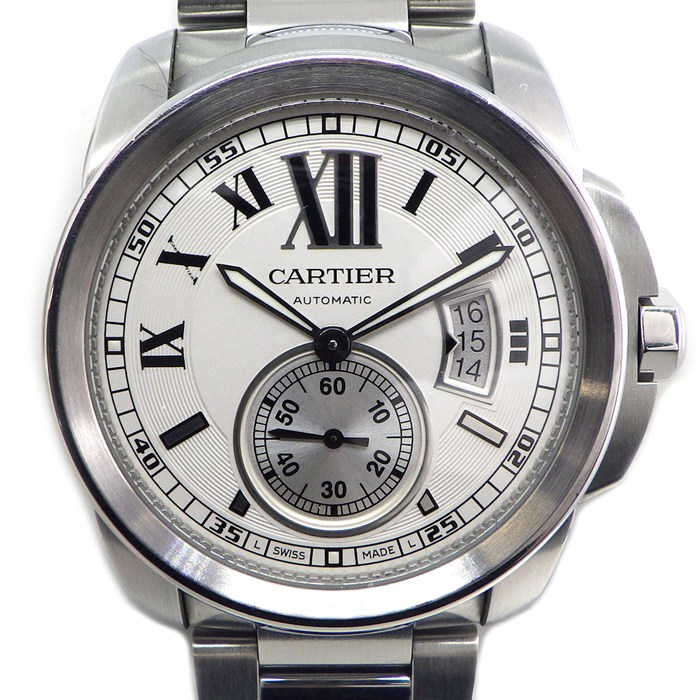 カルティエ Cartier 腕時計 カリブル W7100015 シルバー文字盤 ローマンインデックス デイト 夜光インデックス スモールセコンド 裏スケ SS 自動巻き 【箱・保付き】 【中古】