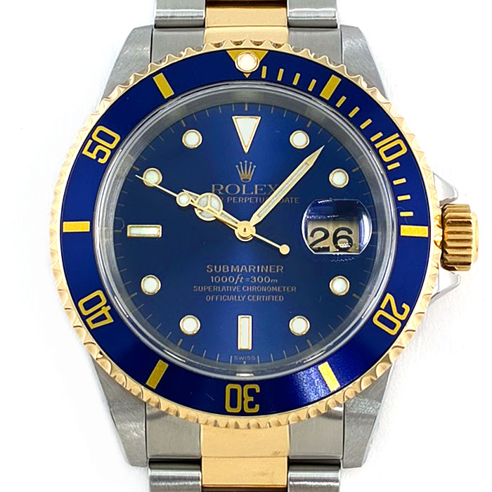 ロレックス Rolex 腕時計 サブマリーナー デイト 16613 A番 1998年-1999年製 カレンダー 回転ベゼル 夜光インデックス 夜光針 サンレイ ブルー文字盤 K18YG SS 自動巻き 【中古】
