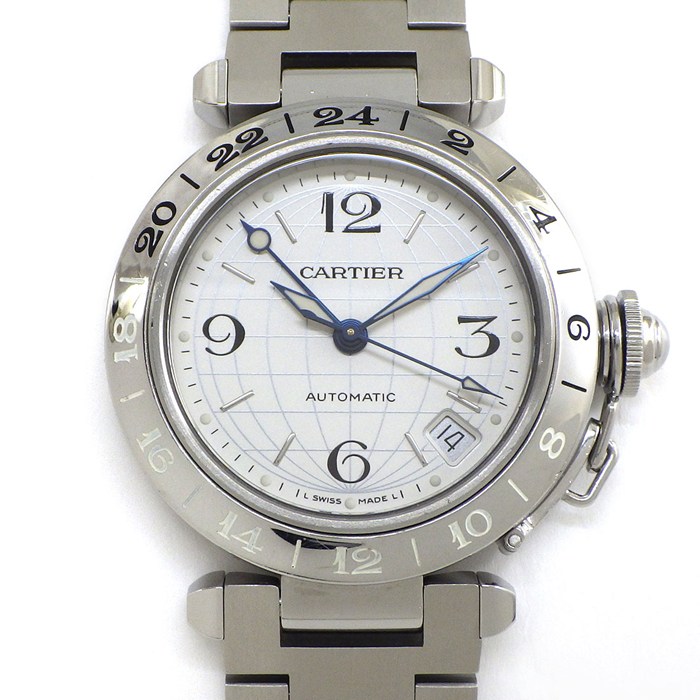 カルティエ Cartier 腕時計 パシャC メリディアン GMT W31078M7 デイト 夜光インデックス 夜光針 グリッド シルバー文字盤 SS 自動巻き 【中古】