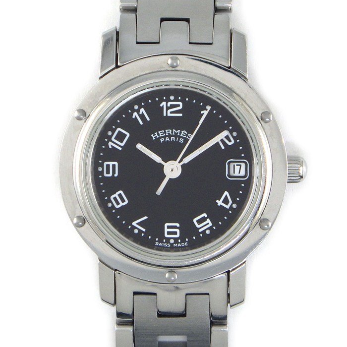 エルメス HERMES 腕時計 クリッパー CL4.210 ブラック文字盤 デイト SS クオーツアナログ 【中古】