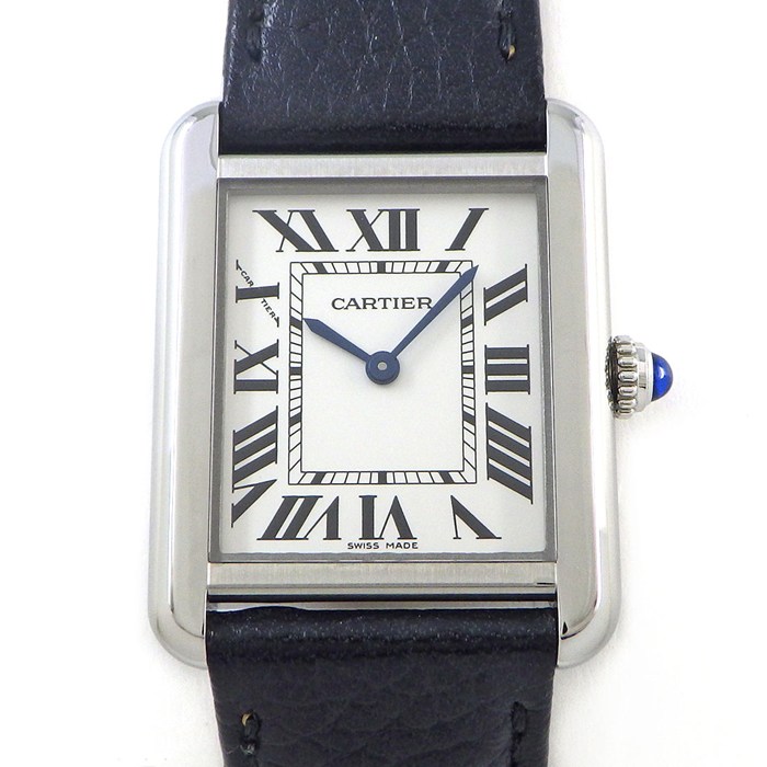 カルティエ Cartier 腕時計 タンク ソロ SM WSTA0030 レクタンギュラー シルバー文字盤 SS ブラック カーフレザーベルト クオーツアナログ 【中古】
