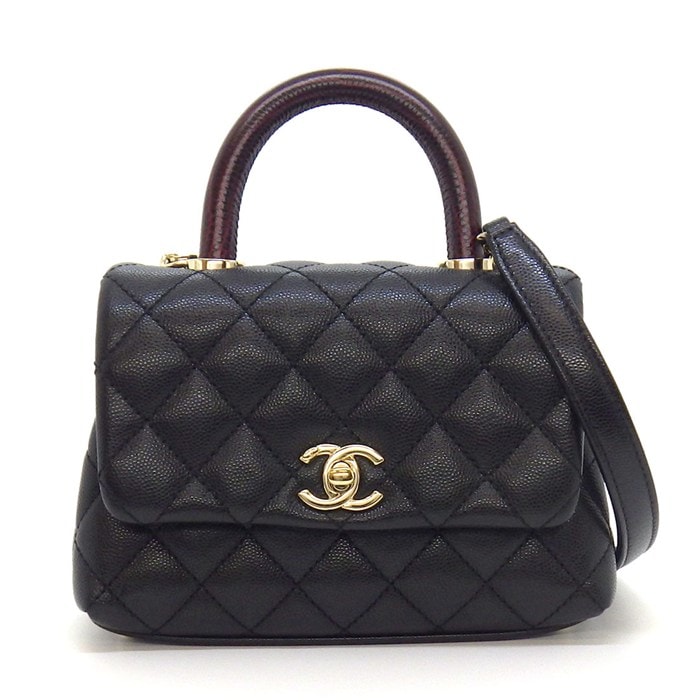 シャネル CHANEL ショルダーバッグ マトラッセ ココハンドル XXS トップハンドル ミニ AS2215 ブラック ボルドー キャビアスキン 【中古】 シャネル CHANEL ショルダーバッグ マトラッセ ココハンドル XXS