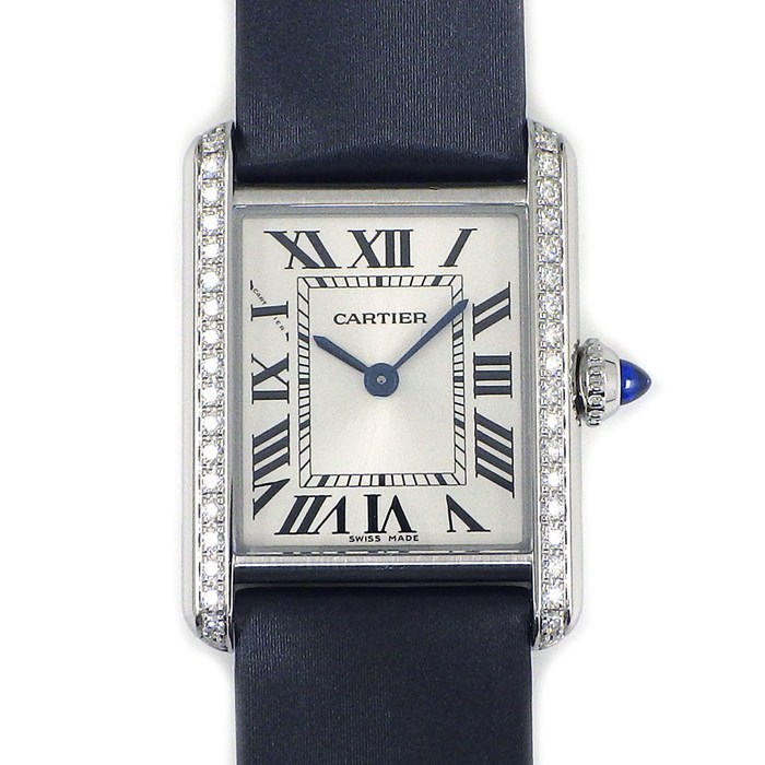 カルティエ Cartier 腕時計 タンク マスト SM W4TA0016 レクタンギュラー ダイヤベゼル シルバー文字盤 ローマンインデックス ブラック 革ベルト SS クオーツアナログ 【箱・保付き】 【中古】
