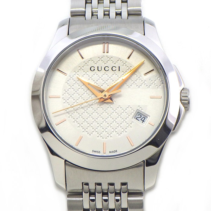 グッチ GUCCI 腕時計 Gタイムレス YA126565/126.5 デイト ディアマンテ シルバー文字盤 SS クオーツアナログ 【箱・保付き】 【中古】
