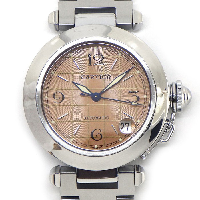 カルティエ Cartier 腕時計 パシャC W31024M7 ギョーシェ サーモンピンク文字盤 デイト SS 自動巻き 【中古】