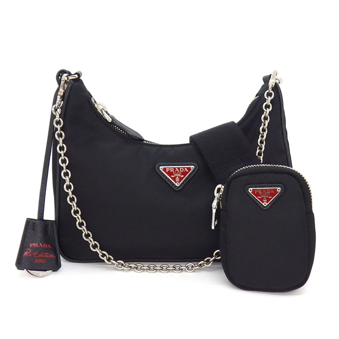 プラダ PRADA ショルダーバッグ Re-Edition 2005 Re-Nylon 1BH204 ブラック レッド リサイクルポリアミド サフィアーノレザー 【中古】