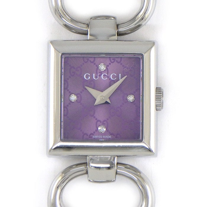 グッチ GUCCI 腕時計 トルナヴォーニ 120 4ポイント ダイヤインデックス スクエア GG ロゴ サンレイ パープル文字盤 SS クオーツアナログ 【中古】