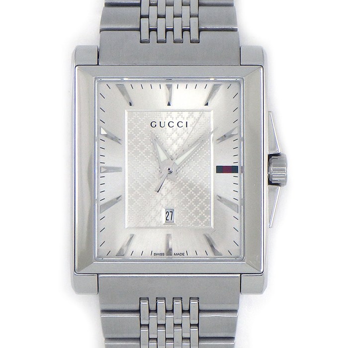 グッチ GUCCI 腕時計 Gタイムレス レクタングル 138.4 レクタンギュラー ディアマンテ サンレイ シルバー文字盤 デイト SS クオーツアナログ 【中古】