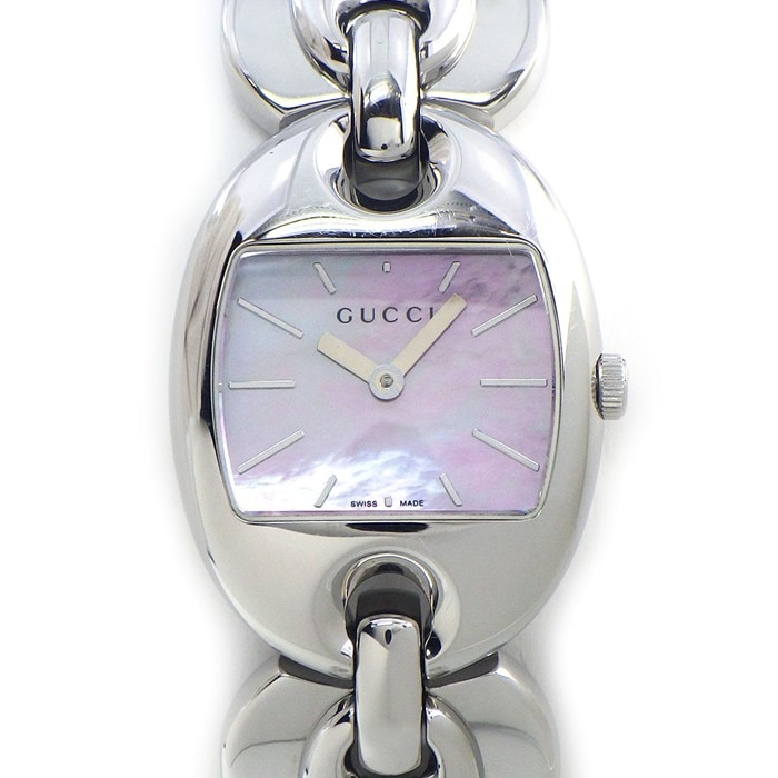 グッチ GUCCI 腕時計 マリーナチェーン YA121515/121.5 ベルトモチーフ レクタンギュラー ピンクシェル文字盤 SS クオーツアナログ 【中古】