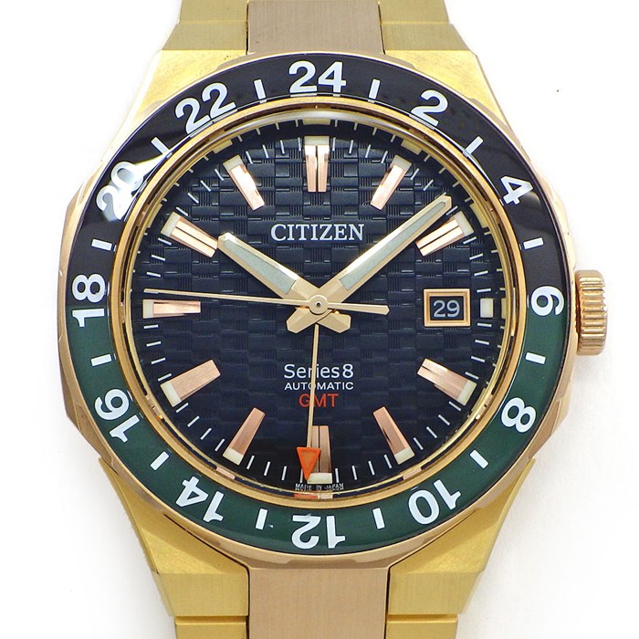 シチズン CITIZEN 腕時計 シリーズ8 NB6033-51E/9054-0065X06 デイト 裏スケ GMT 回転ベゼル 夜光針 ギョーシェ ブラック文字盤 イエロー/ピンクGP SS 自動巻き 【箱・保付き】 【中古】