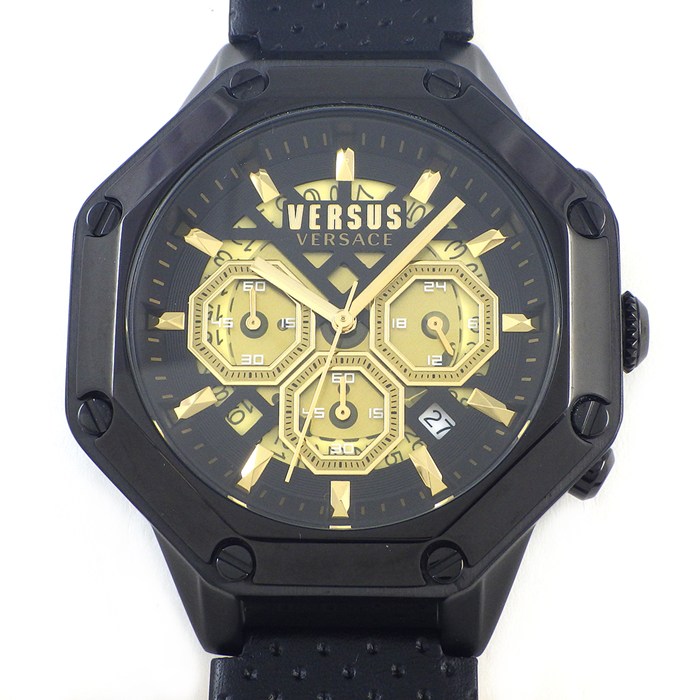 ヴェルサーチェ VERSACE 腕時計 パレストロ VSP393221 デイト クロノグラフ ブラック/ゴールド文字盤 SS 革 クオーツアナログ 【中古】