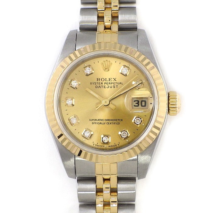 ロレックス Rolex 腕時計 デイトジャスト 79173 Y番 2002年製 サンレイ シャンパンゴールド文字盤 ローマンインデックス デイト K18YG SS 自動巻き 【箱・保付き】 【中古】 ROLEX - ロレックス Rolex 腕時計 デイトジャスト 79173 Y番 2002年製