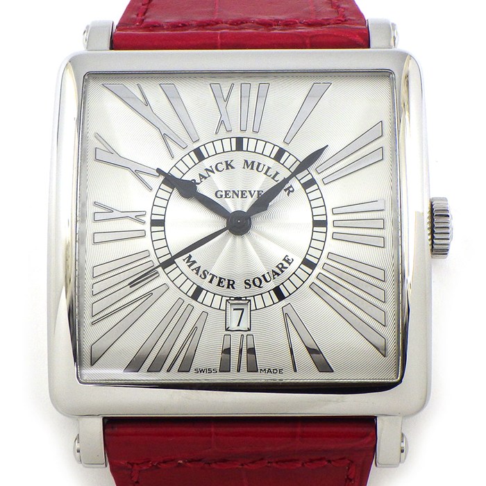 フランクミュラー FRANCK MULLER 腕時計 マスタースクエア 6000KSCDTR シルバー ギョーシェ文字盤 ローマンインデックス デイト レッド クロコダイルレザーベルト SS 自動巻き 【中古】