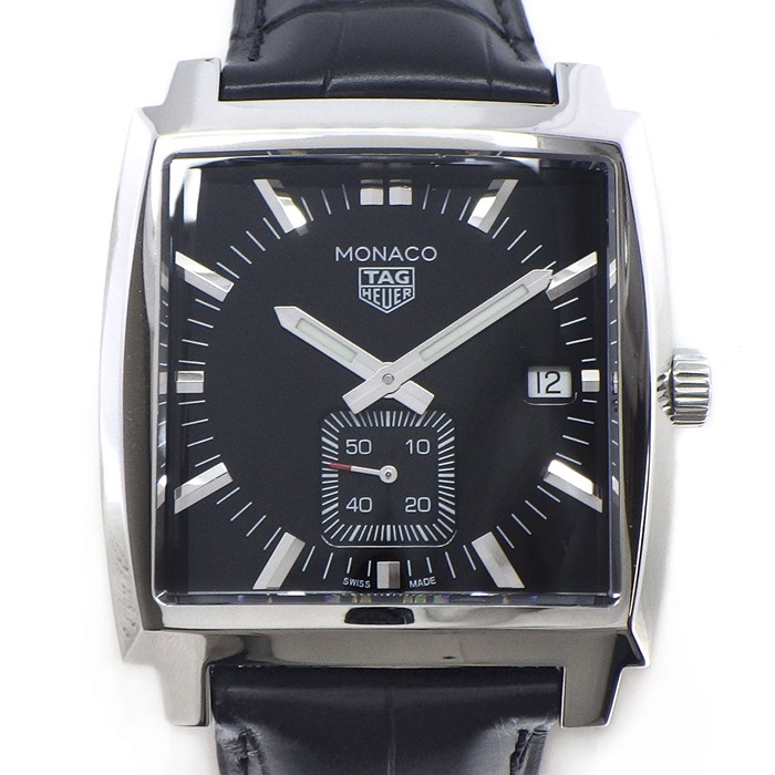 タグ・ホイヤー TAG Heuer 腕時計 モナコ WAW131A.FC6177 デイト スモールセコンド 夜光針 スクエア ブラック文字盤 SS ブラック アリゲーターレザーベルト クオーツアナログ 【箱・保付き】 【中古】