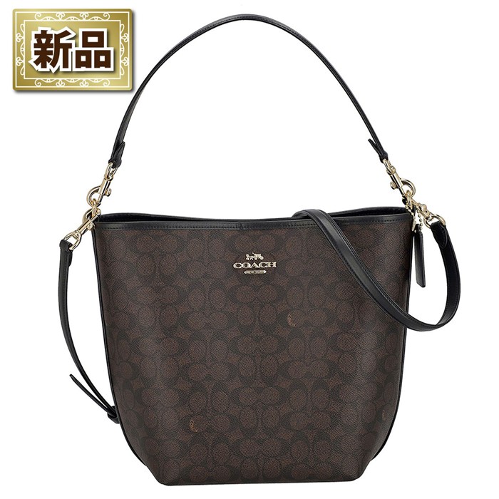 【新品】コーチ COACH ハンドバッグ/ショルダーバッグ シティ ラージ バケットバッグ CT802 IMXAQ 2025 SS ウォルナット シグネチャーキャンバス ブラック レザー ゴールド金具