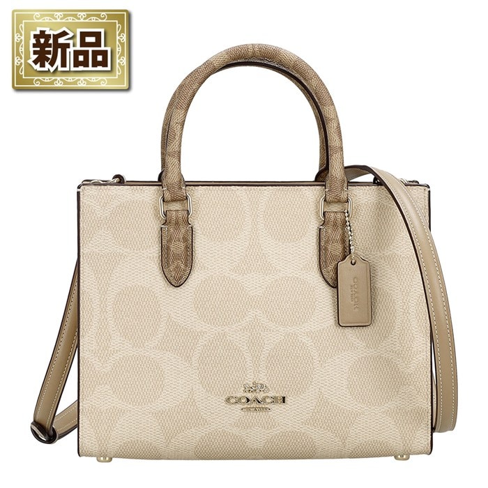 【新品】コーチ COACH マギー スモール トートバッグ CY676 IMXI9 2026 SS サンド ブロックド シグネチャーキャンバス タン スムースレザー