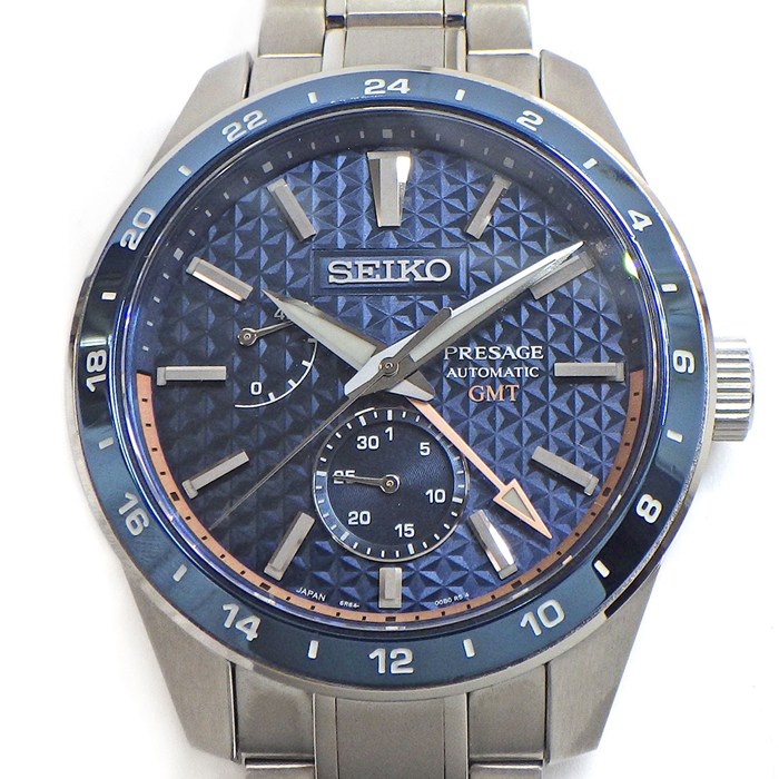セイコー SEIKO 腕時計 プレサージュ シャープエッジドシリーズ SPB217J1/6R64-00C0 GMT デイト 裏スケ パワーリザーブ表示 夜光 麻の葉文様 藍鉄 ブルー文字盤 SS 自動巻き 【箱・保付き】 【中古】