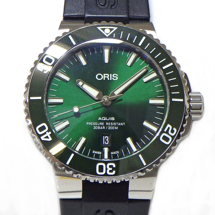 オリス ORIS 腕時計 アクイス デイト 01 733 7730 4157-07 4 24 64EB デイト 夜光インデックス 裏スケ 夜光針 回転ベゼル グリーン文字盤 SS セラミック ラバー 自動巻き 【箱・保付き】 【中古】