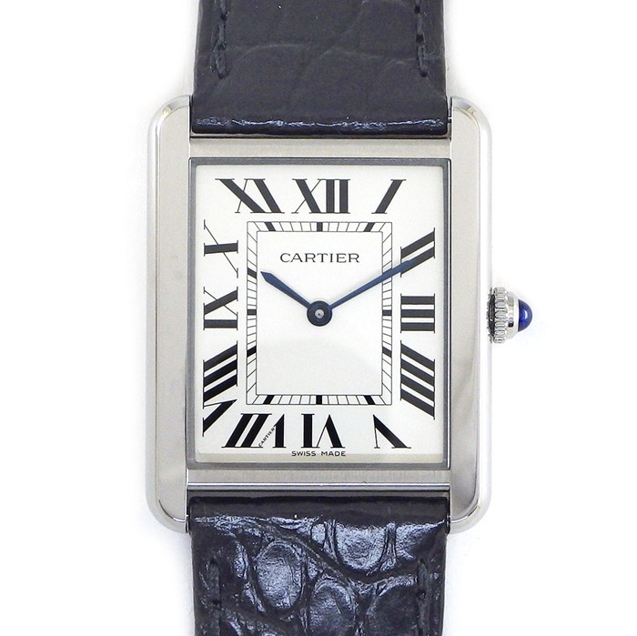 カルティエ Cartier 腕時計 タンク ソロ LM WSTA0028 レクタンギュラー シルバー文字盤 ローマンインデックス ブラック アリゲーターレザーベルト SS クオーツアナログ 【中古】