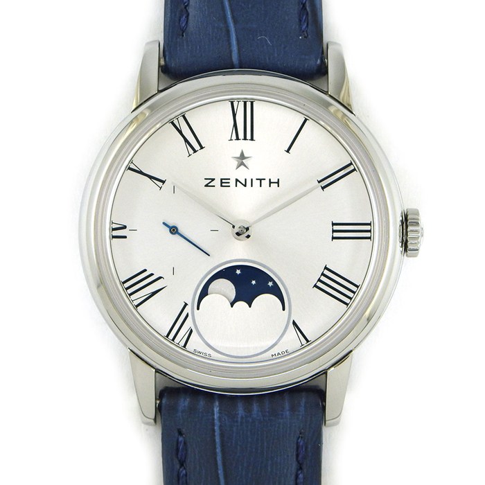 ゼニス ZENITH 腕時計 エリート ムーンフェイズ 03.2330.692/02.C714 シルバー文字盤 ローマンインデックス ムーンフェイズ スモールセコンド 裏スケ SS ブルー 牛革ベルト 自動巻き 【箱・保付き】