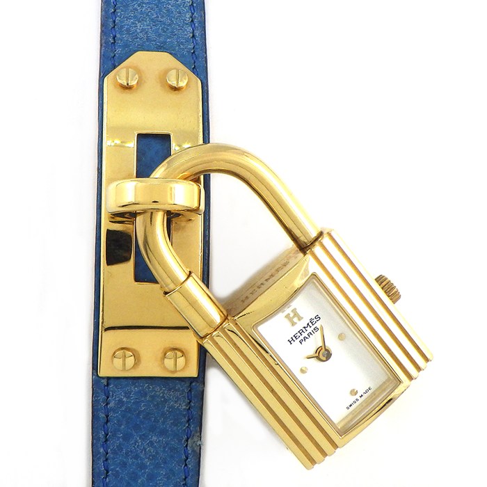 エルメス HERMES 腕時計 ケリーウォッチ 〇Z刻印 1996年 KE1.201 カデナ ロックモチーフ ホワイト文字盤 白 GP ブルー 牛革ベルト クオーツアナログ 【中古】