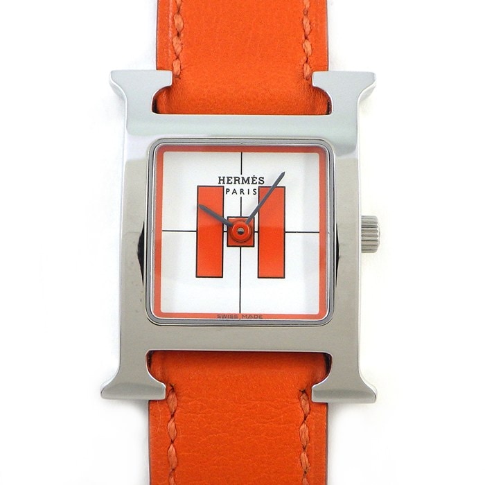 エルメス HERMES 腕時計 Hウォッチ 銀座OPEN記念モデル HH1.210/HH1210832 ホワイト文字盤 SS オレンジ 牛革ベルト クオーツアナログ 【箱・保付き】 【中古】