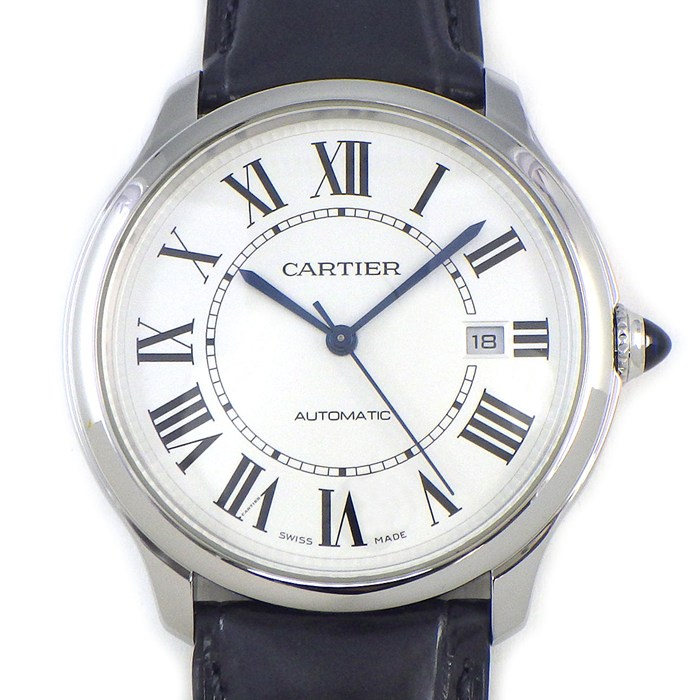 カルティエ Cartier 腕時計 ロンド マスト WSRN0032 シルバー文字盤 ローマンインデックス デイト 裏スケ ブラック レザーベルト SS 自動巻き 【中古】