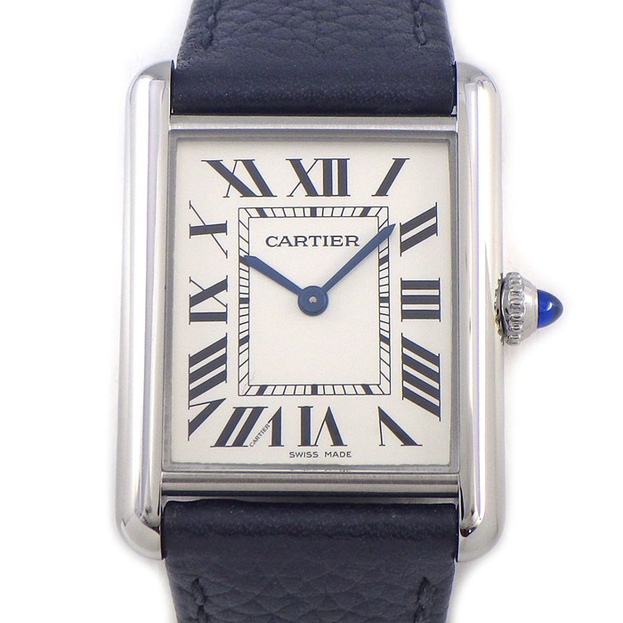 カルティエ Cartier 腕時計 タンク マストLM WSTA0041 レクタンギュラー シルバー文字盤 ローマンインデックス ブラック 牛革ベルト SS クオーツアナログ 【箱・保付き】 【中古】