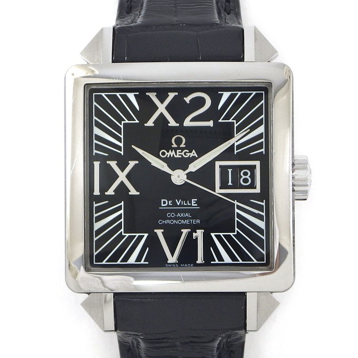 オメガ OMEGA 腕時計 デ・ヴィル X2 ビッグデイト 7813.50.31 コーアクシャル 夜光針 スクエア ブラック文字盤 SS ブラック アリゲーターレザーベルト 自動巻き 【中古】