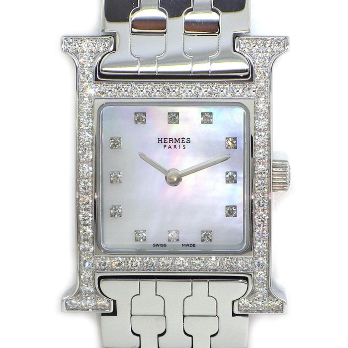 エルメス HERMES 腕時計 Hウォッチ HH1.230 ダイヤベゼル 12ポイント ダイヤインデックス スクエア ホワイトシェル文字盤 SS クオーツアナログ 【中古】