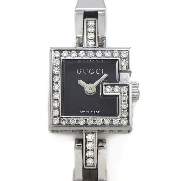 グッチ GUCCI 腕時計 Gミニ 102 パヴェ ダイヤケース/ベゼル スクエア ブラック文字盤 SS クオーツアナログ 【中古】