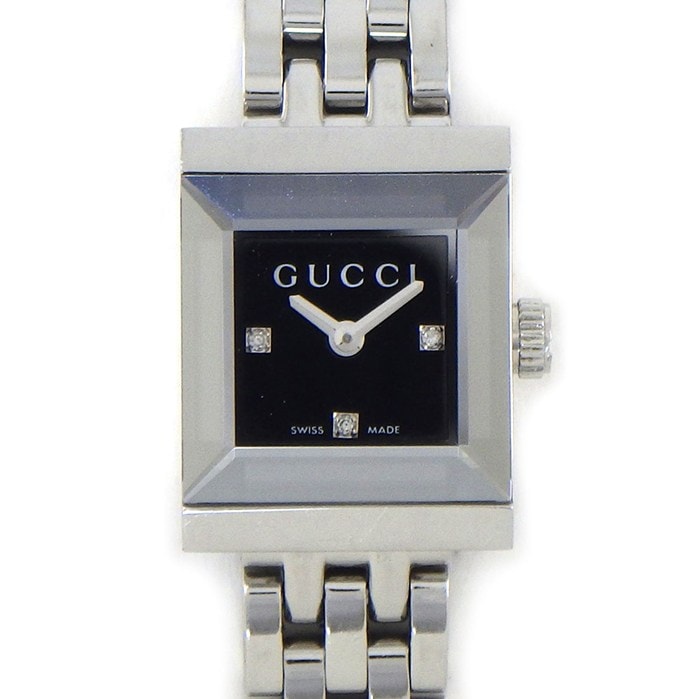 グッチ GUCCI 腕時計 Gフレーム 128.5 3ポイント ダイヤインデックス スクエア ブラック文字盤 SS クオーツアナログ 【中古】